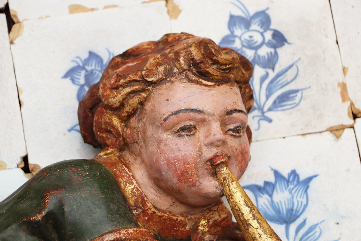 Cherub Musician Playing A Golden Bugle, 18th Century, Portuguese-photo-2