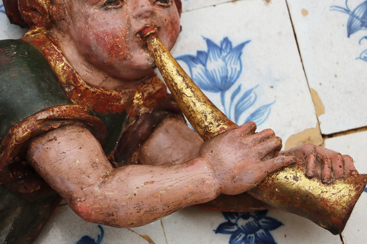 Cherub Musician Playing A Golden Bugle, 18th Century, Portuguese-photo-3