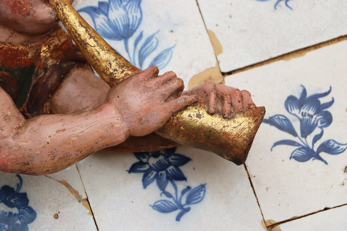Cherub Musician Playing A Golden Bugle, 18th Century, Portuguese-photo-4