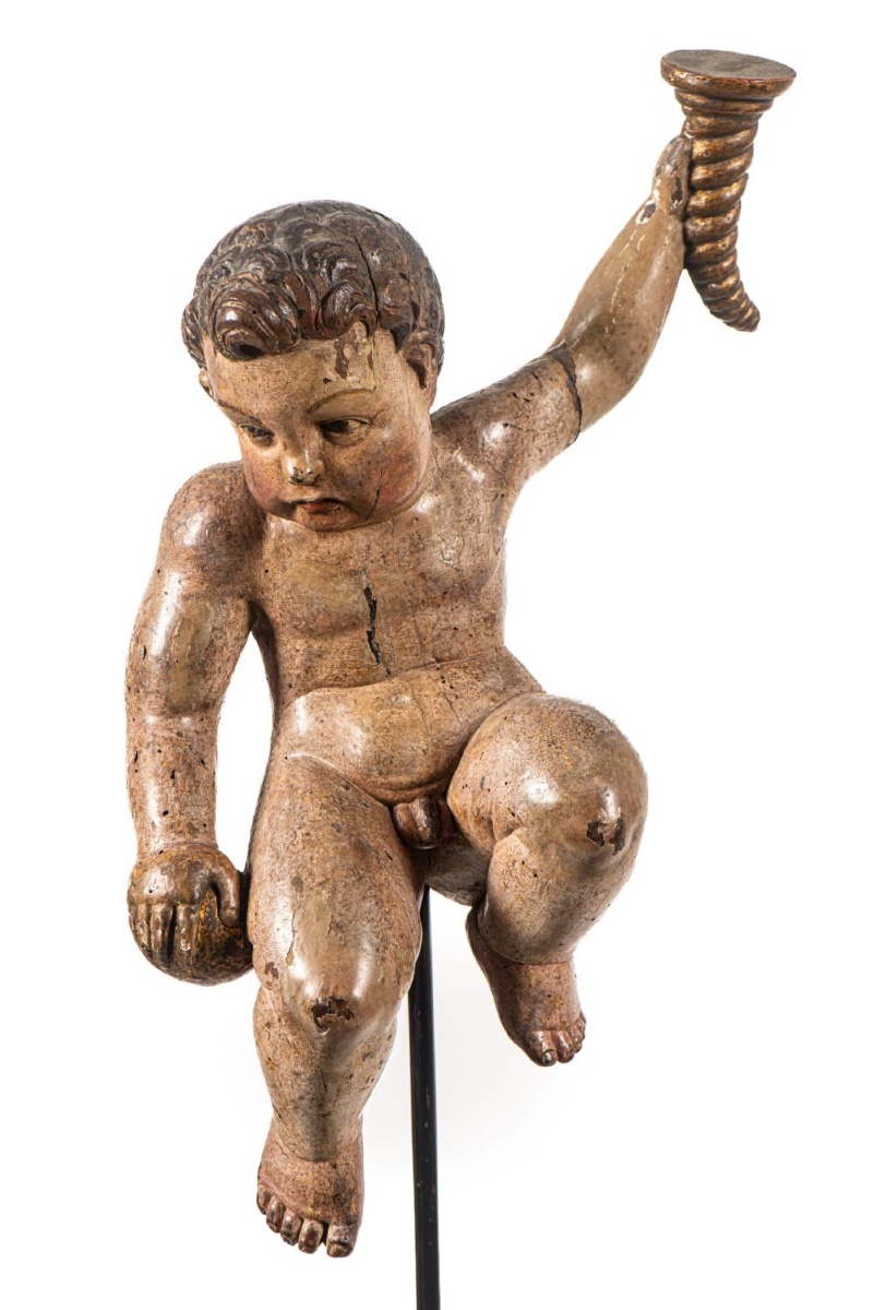 Paire de sculptures de chérubins putti du XVIIIᵉ siècle tenant une corne d’abondance et globe -photo-1