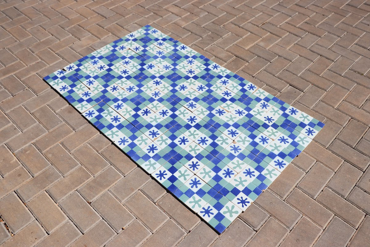 1900s Set Of Sixty Antique Tiles, Green, Dark Blue And White, Portuguese-photo-2