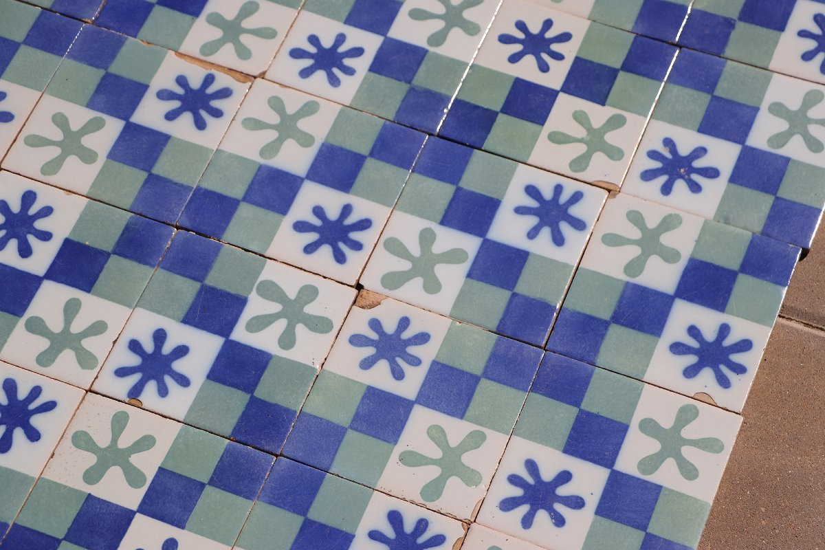 1900s Set Of Sixty Antique Tiles, Green, Dark Blue And White, Portuguese-photo-3