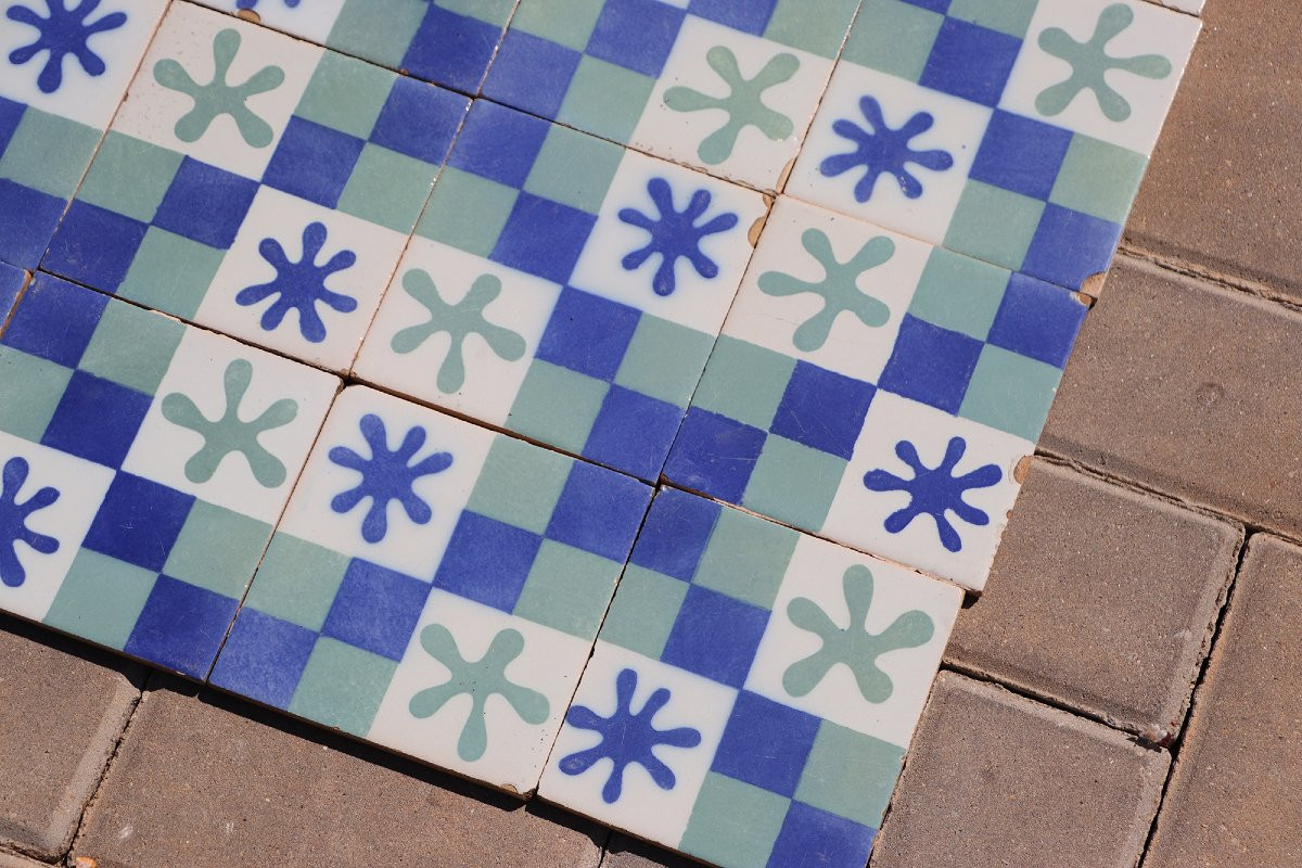 1900s Set Of Sixty Antique Tiles, Green, Dark Blue And White, Portuguese-photo-4