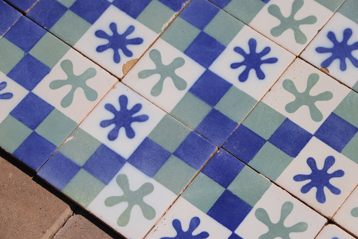 1900s Set Of Sixty Antique Tiles, Green, Dark Blue And White, Portuguese-photo-1