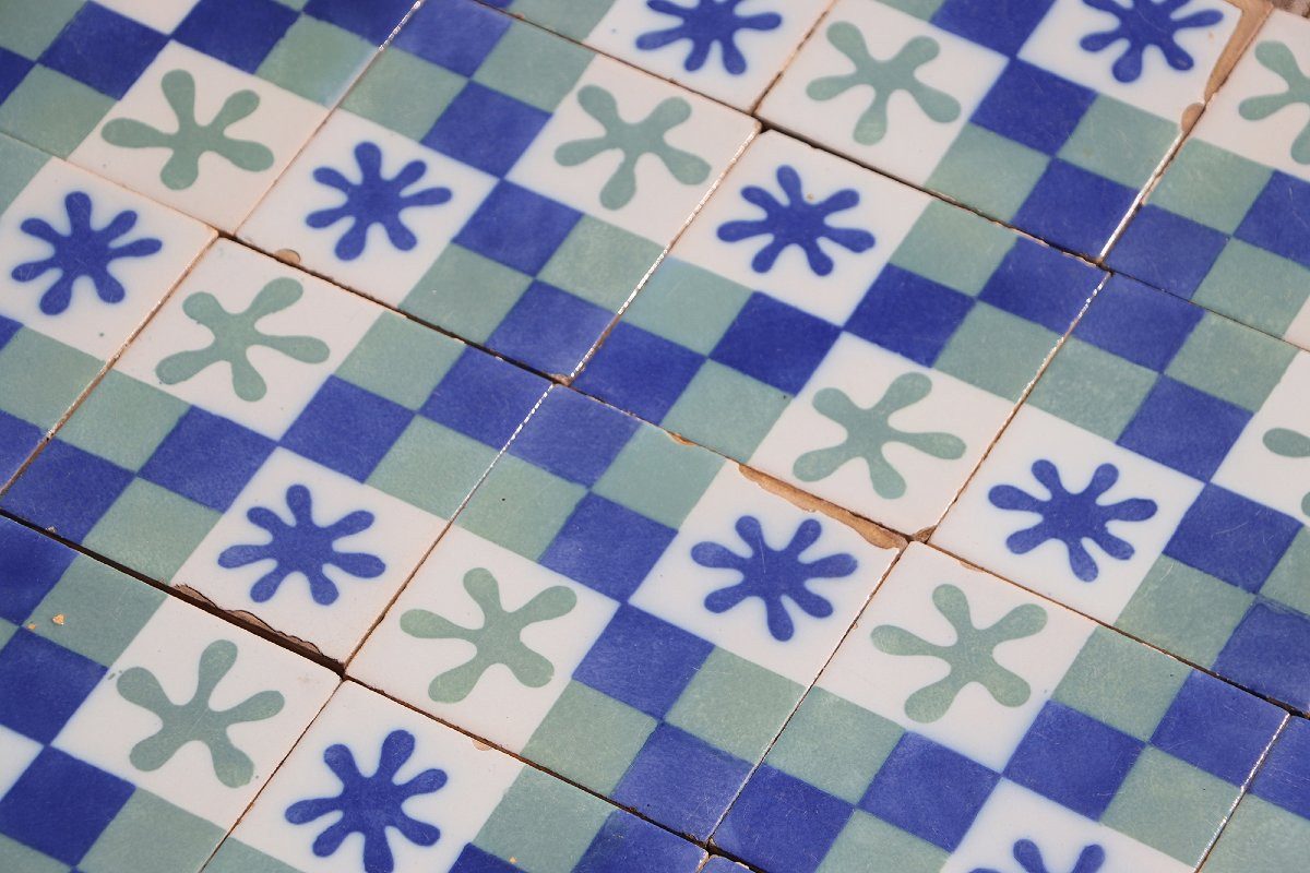 1900s Set Of Sixty Antique Tiles, Green, Dark Blue And White, Portuguese-photo-2