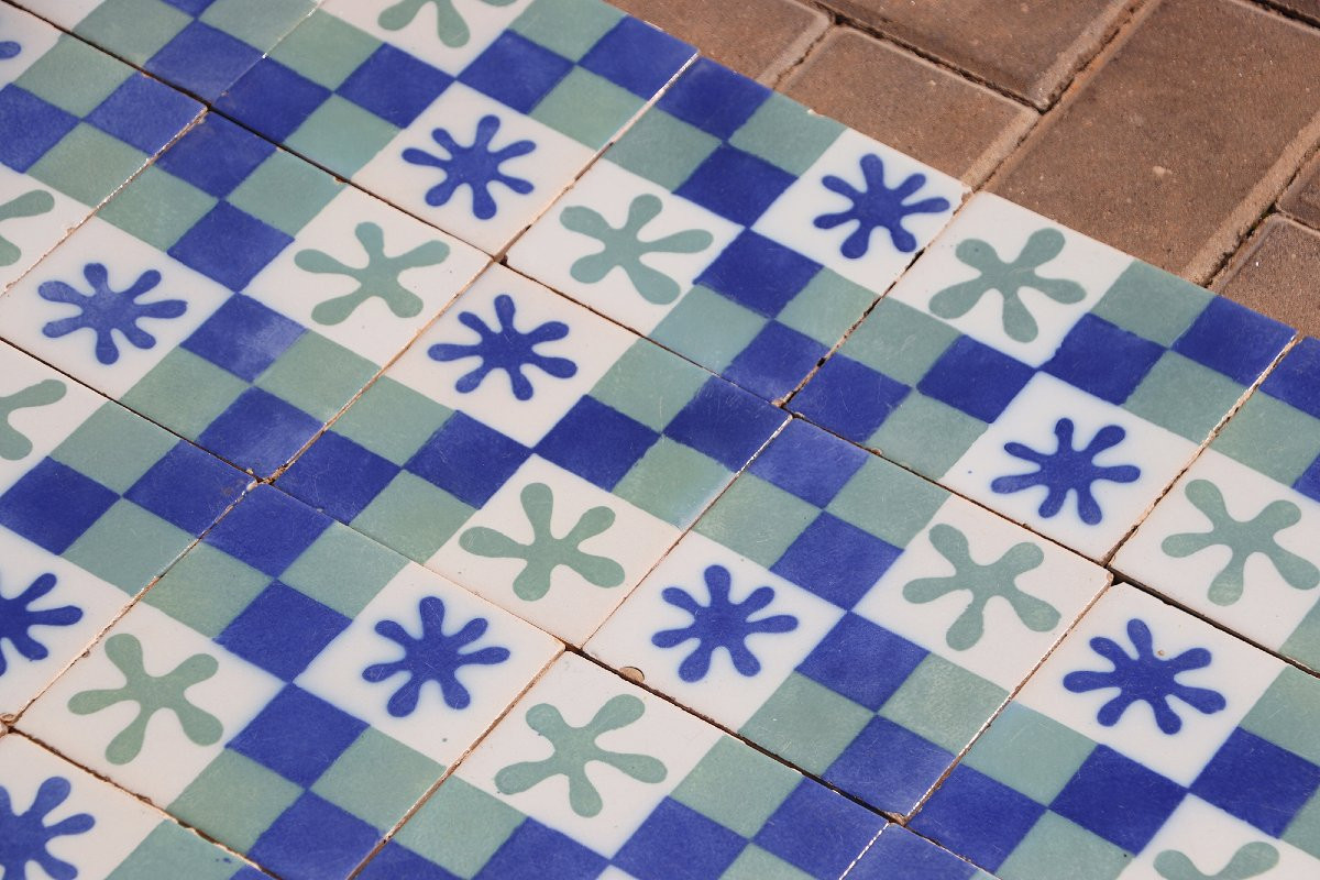 1900s Set Of Sixty Antique Tiles, Green, Dark Blue And White, Portuguese-photo-4