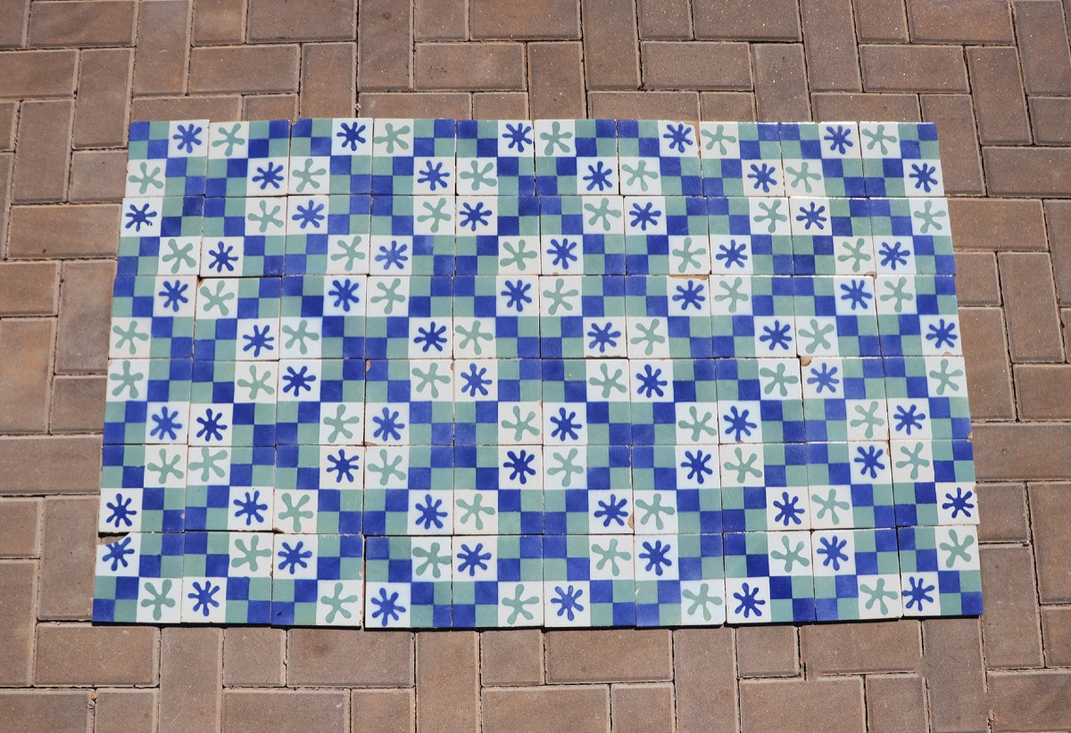 1900s Set Of Sixty Antique Tiles, Green, Dark Blue And White, Portuguese