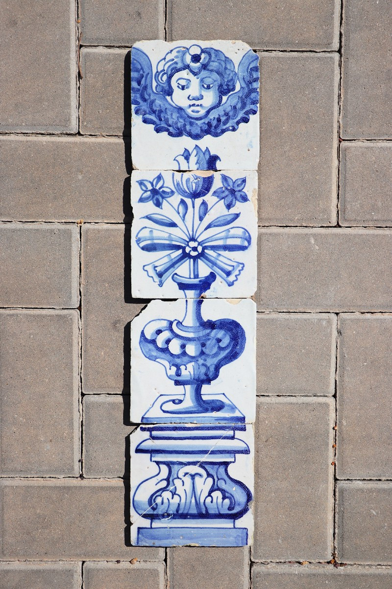 18th Century Blue & White Set Of Four Tiles With Angel Above Flower Vase