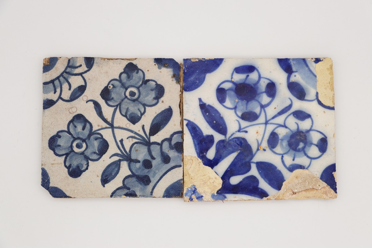 17th Century Portuguese Blue & White Floral Set Of Two Tiles
