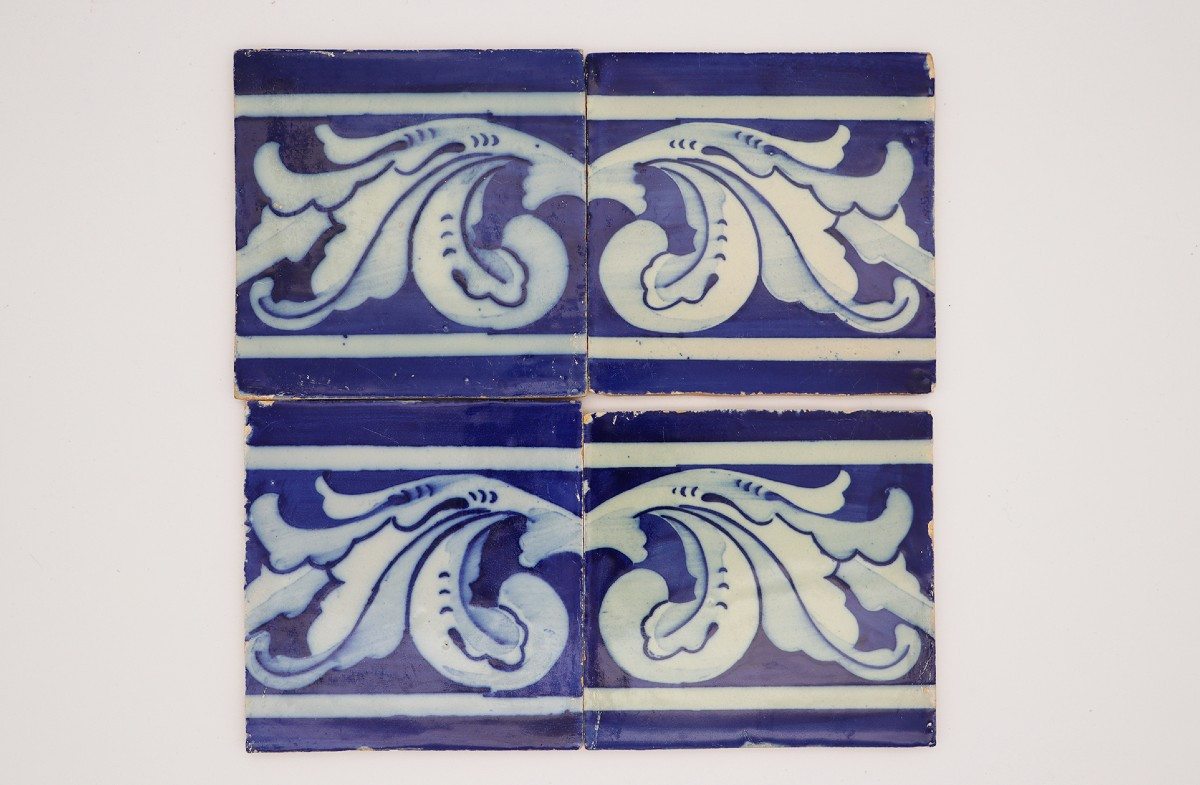 19th Century Set Of Four Baroque Tiles Blue & White, Portuguese