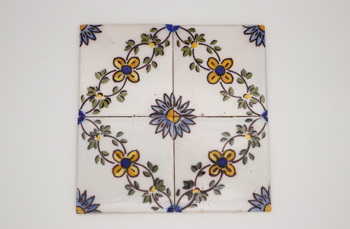 19th Century Set Of Four Floral Tiles, Portuguese Baroque