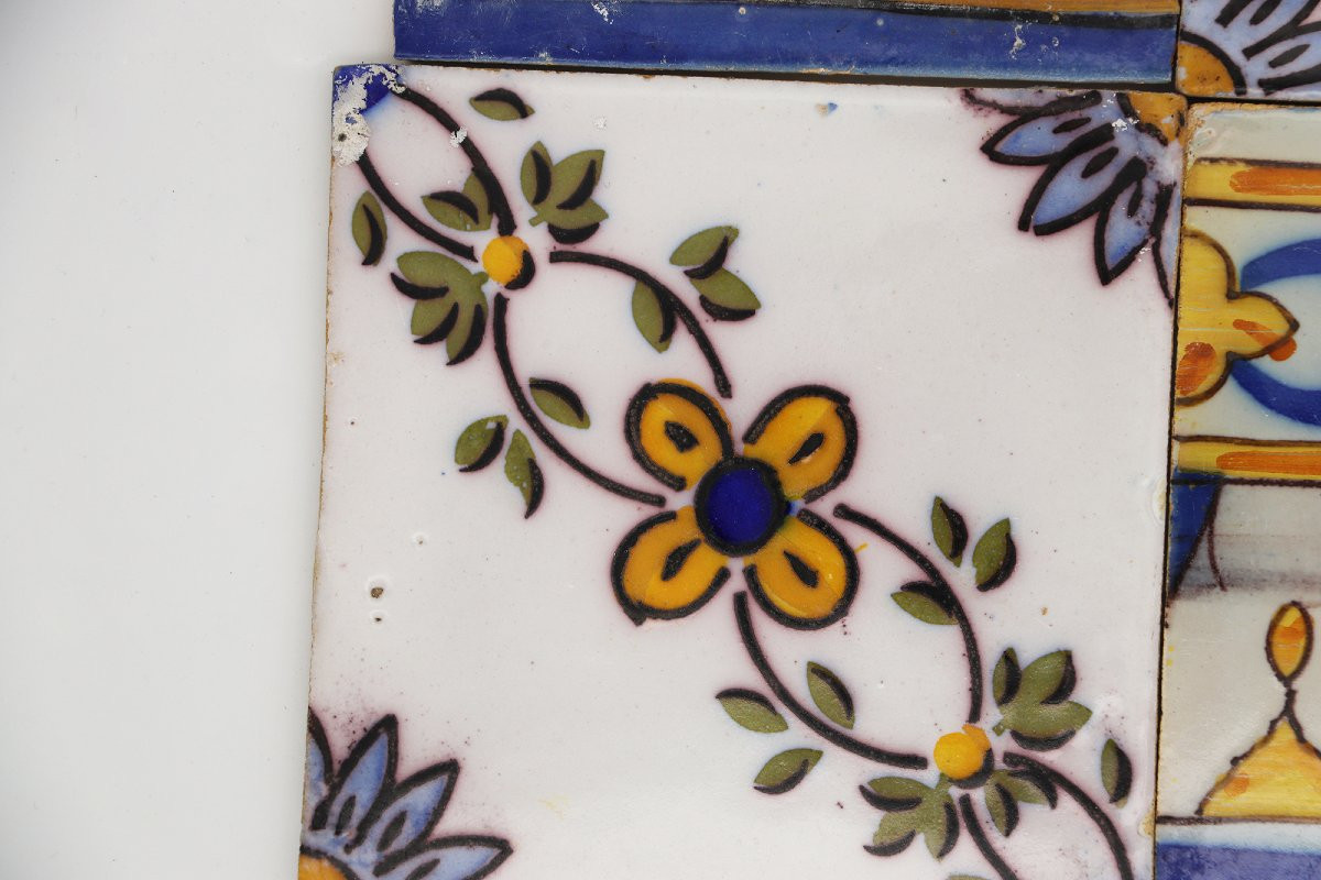 19th Century Set Of Four Baroque Floral Tiles, Portuguese-photo-3