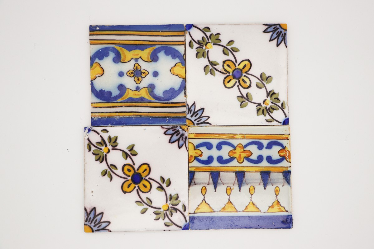 19th Century Set Of Four Baroque Floral Tiles, Portuguese