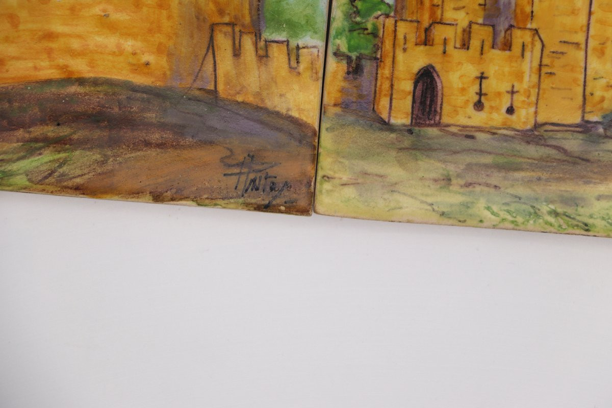 Ensemble de quatre carreaux portugais du XIXe siècle représentant des châteaux-photo-5