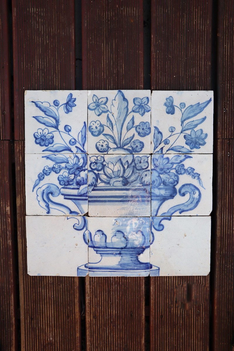 Tile Mural Panel Depicting A Baroque Jardinière With Flowers, Portuguese, 18th Century