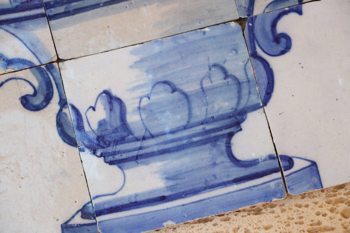 Tile Mural Panel Depicting A Baroque Jardinière With Flowers, Portuguese, 18th Century-photo-2