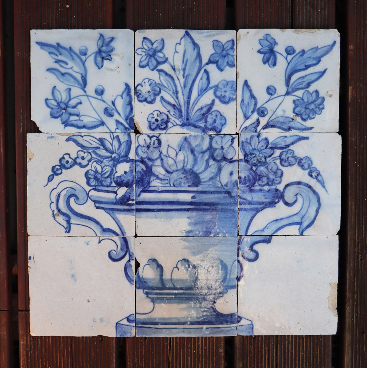 Tile Mural Panel Depicting A Baroque Jardinière With Flowers, Portuguese, 18th Century