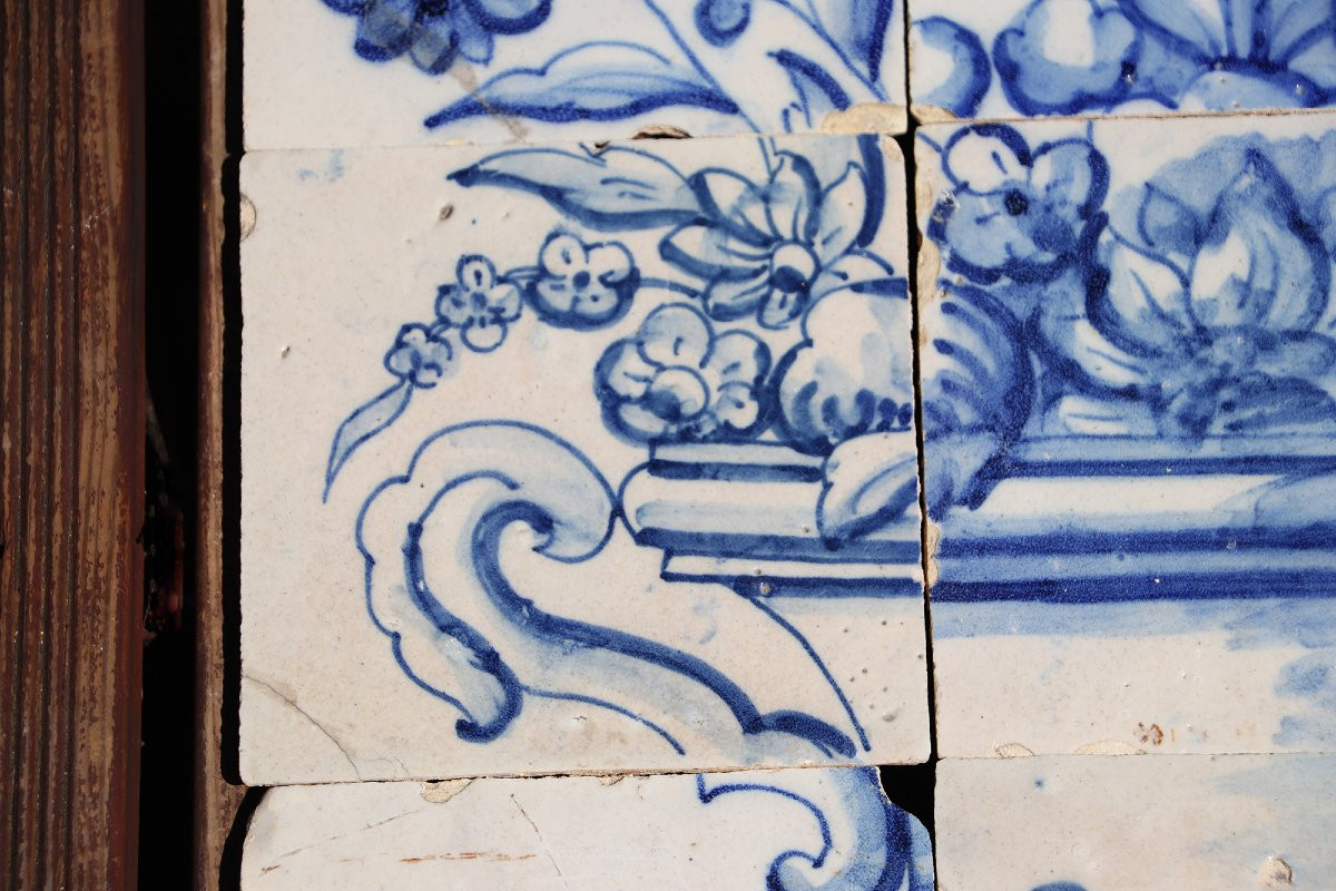 Tile Mural Panel Depicting A Baroque Jardinière With Flowers, Portuguese, 18th Century-photo-1