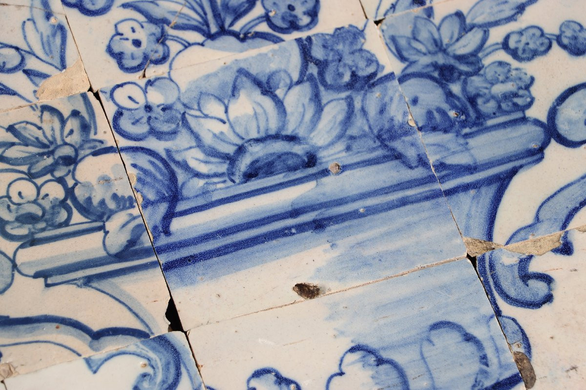 Tile Mural Panel Depicting A Baroque Jardinière With Flowers, Portuguese, 18th Century-photo-3