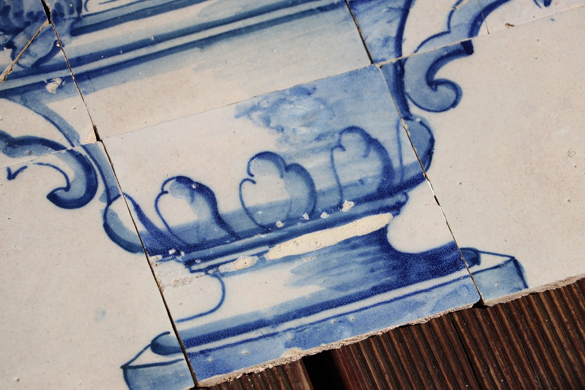 Tile Mural Panel Depicting A Baroque Jardinière With Flowers, Portuguese, 18th Century-photo-1