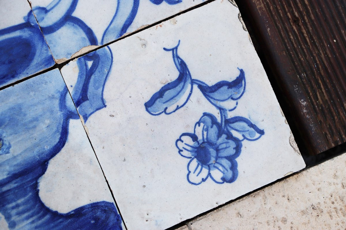 Tile Mural Panel Depicting A Vase With Baroque Flowers, Portuguese, 18th Century-photo-2