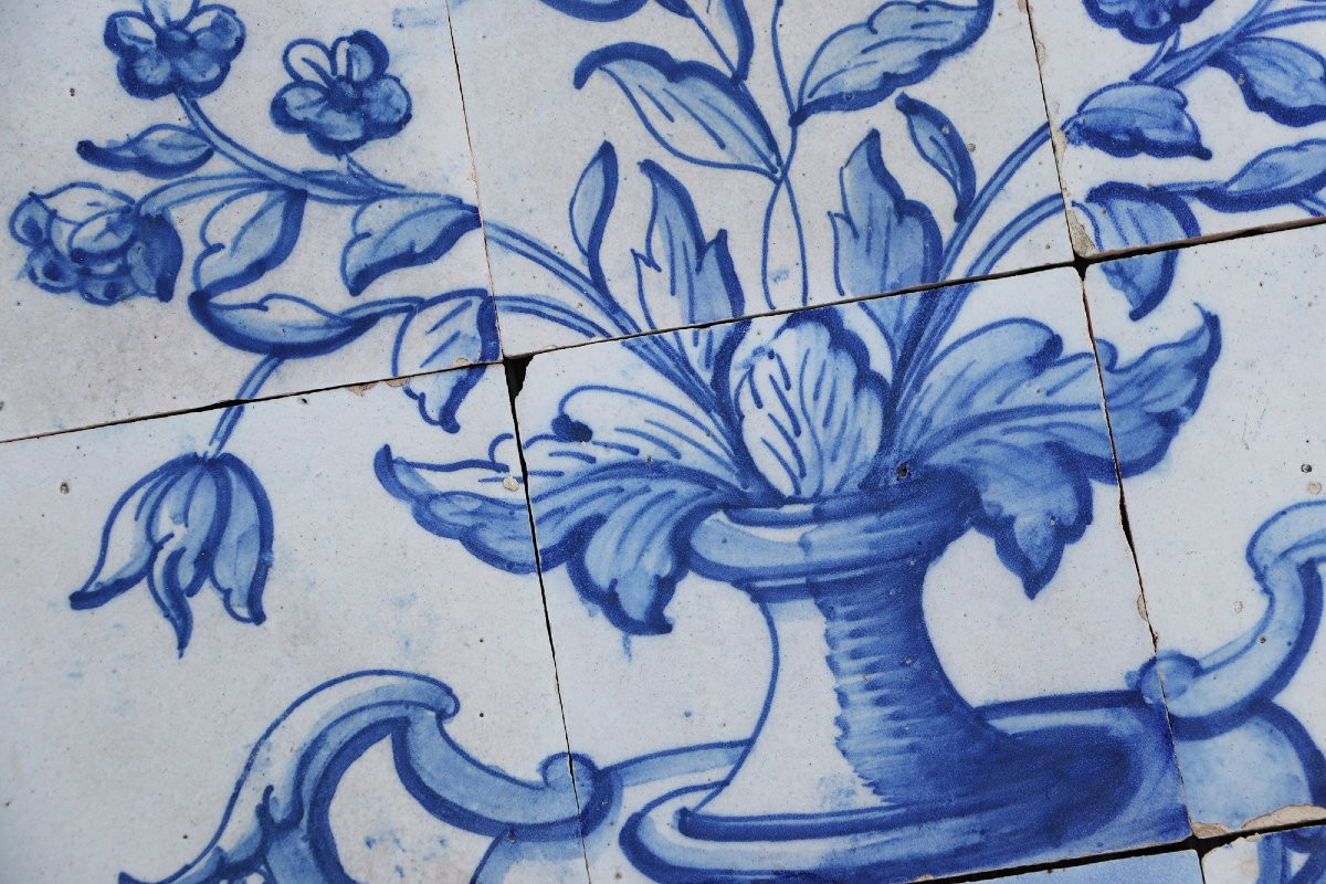 Tile Mural Panel Depicting A Vase With Baroque Flowers, Portuguese, 18th Century-photo-6