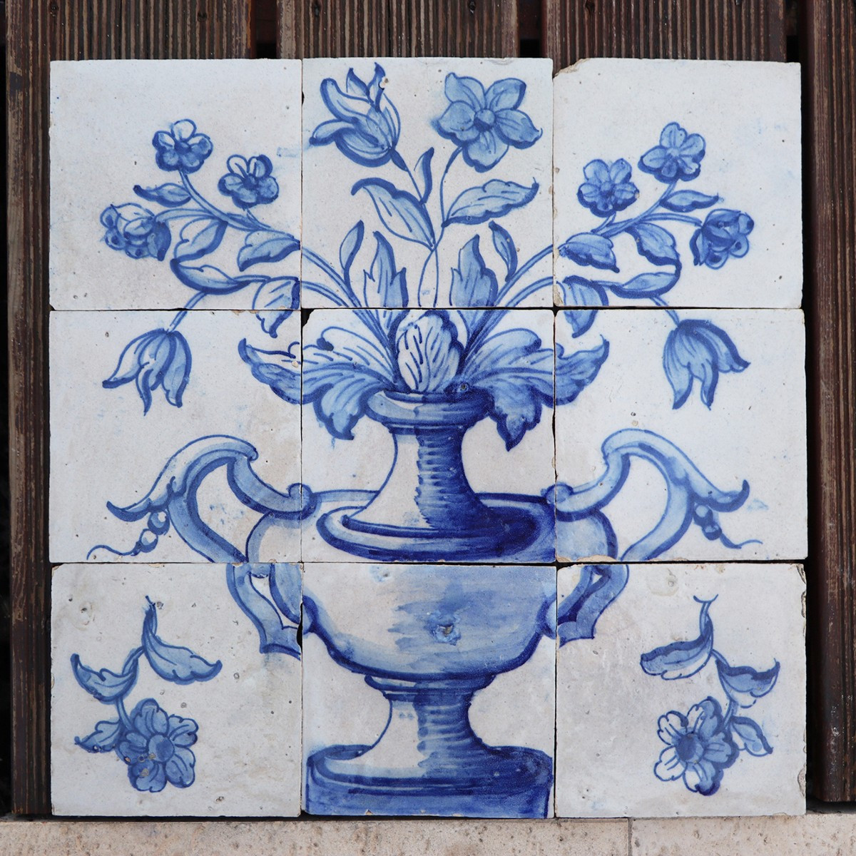 Tile Mural Panel Depicting A Vase With Baroque Flowers, Portuguese, 18th Century