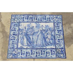 Panneau mural en carreaux portugais antiques du XVIIIe siècle représentant une scène musicale