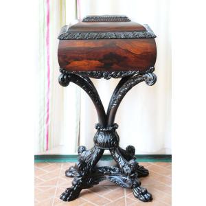Superb English Regency Mahogany Teapoy, Bramah Lock, Early 19th Century