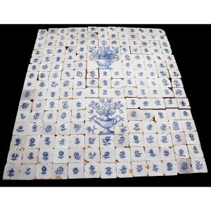  Large Tiles Mural Panel, Blue & White Flowers And Vases, Portuguese, 18th Century 