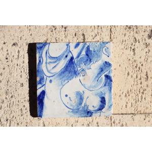 Carreau portugais bleu et blanc du XVIIIe siècle représentant un buste de femme