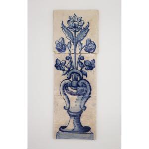 18th Century Baroque Set Of Three Tiles Depicting A Flower Vase