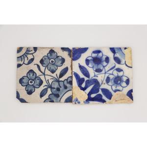 17th Century Portuguese Blue & White Floral Set Of Two Tiles