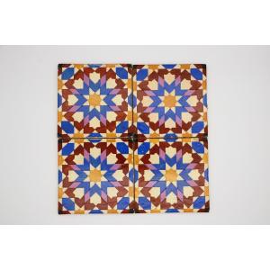 19th Century Set Of Four Geometric Mediterranean Large Tiles, Portuguese