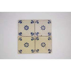 19th Century Set Of Four Tiles Blue & White Floral, Portuguese