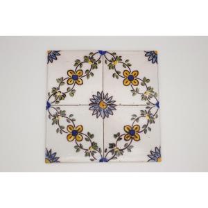 19th Century Set Of Four Floral Tiles, Portuguese Baroque