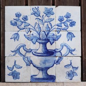 Tile Mural Panel Depicting A Vase With Baroque Flowers, Portuguese, 18th Century