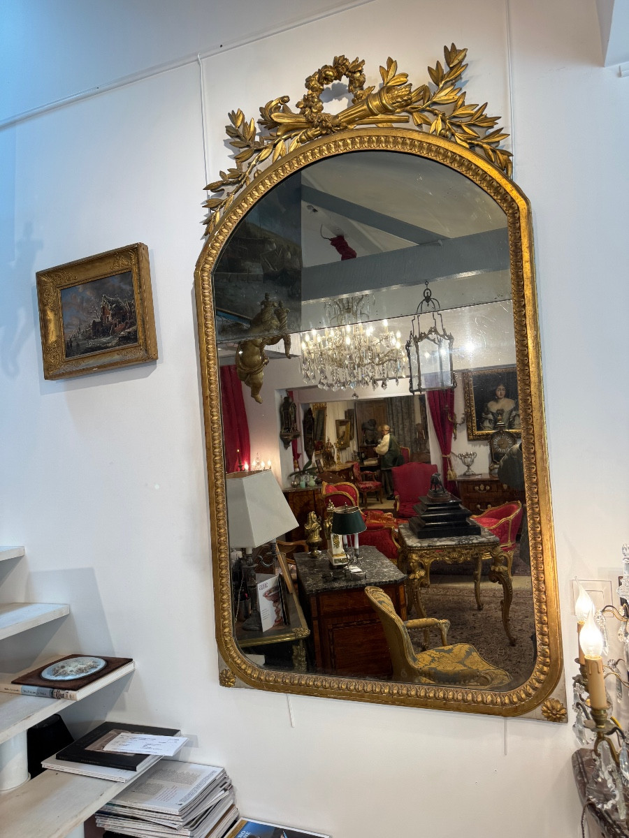 Atypical Louis XVI Period Mirror In Gilded Wood 