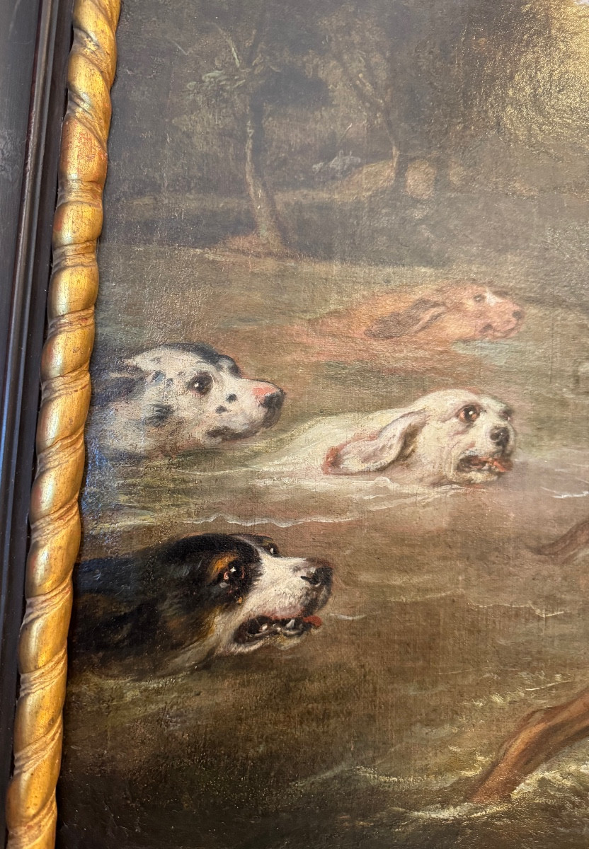 Huile sur toile ( cerf attaqué par des chiens ) époque 18 e-photo-3