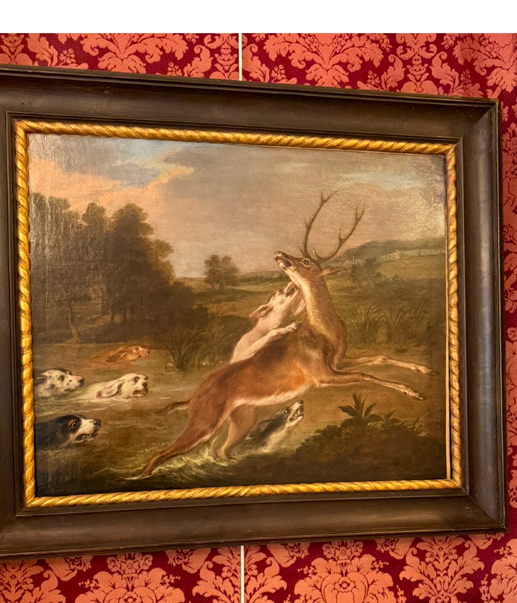 Huile sur toile ( cerf attaqué par des chiens ) époque 18 e