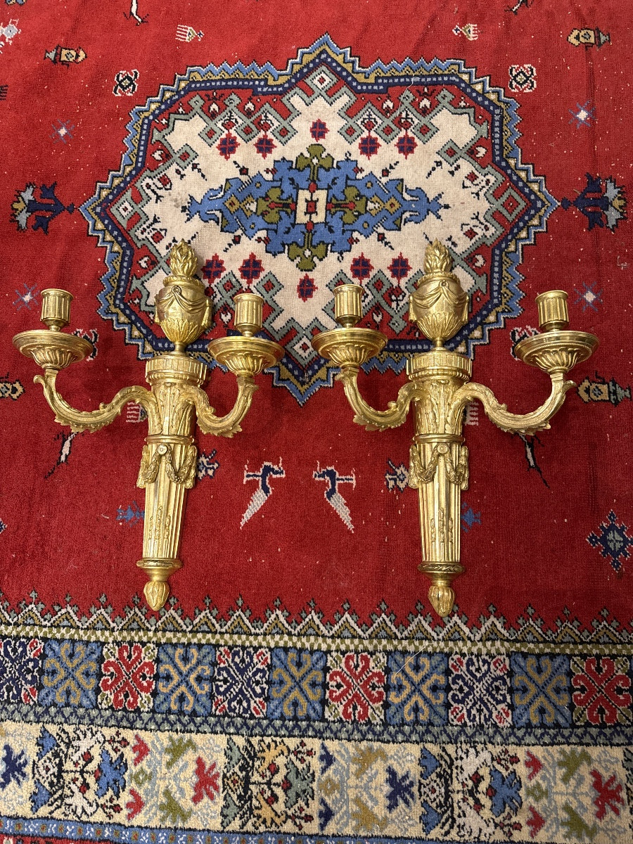 Pair Of Louis XVI Style Gilt Bronze Wall Sconces, Model By Jean Louis Prieur -photo-2