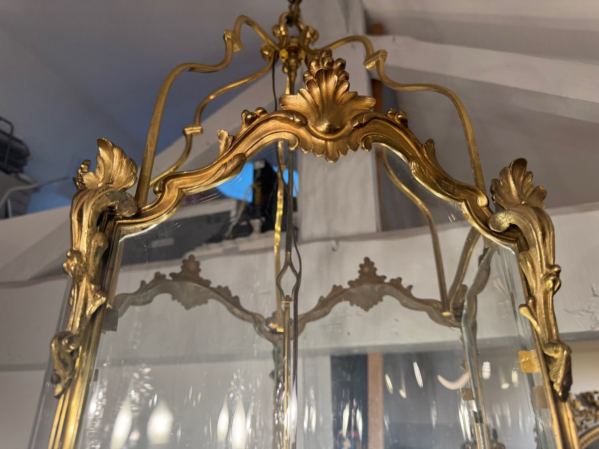 Grande lanterne bronze ciselé et doré Louis XV du 19 e siecle-photo-2