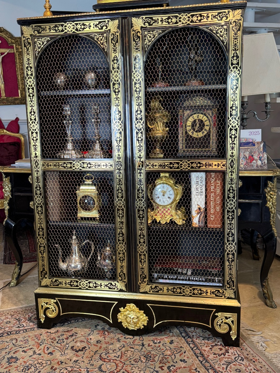 Bookcase Louis XIV Period Ebony Boulle Marquetry Brass And Blackened Wood
