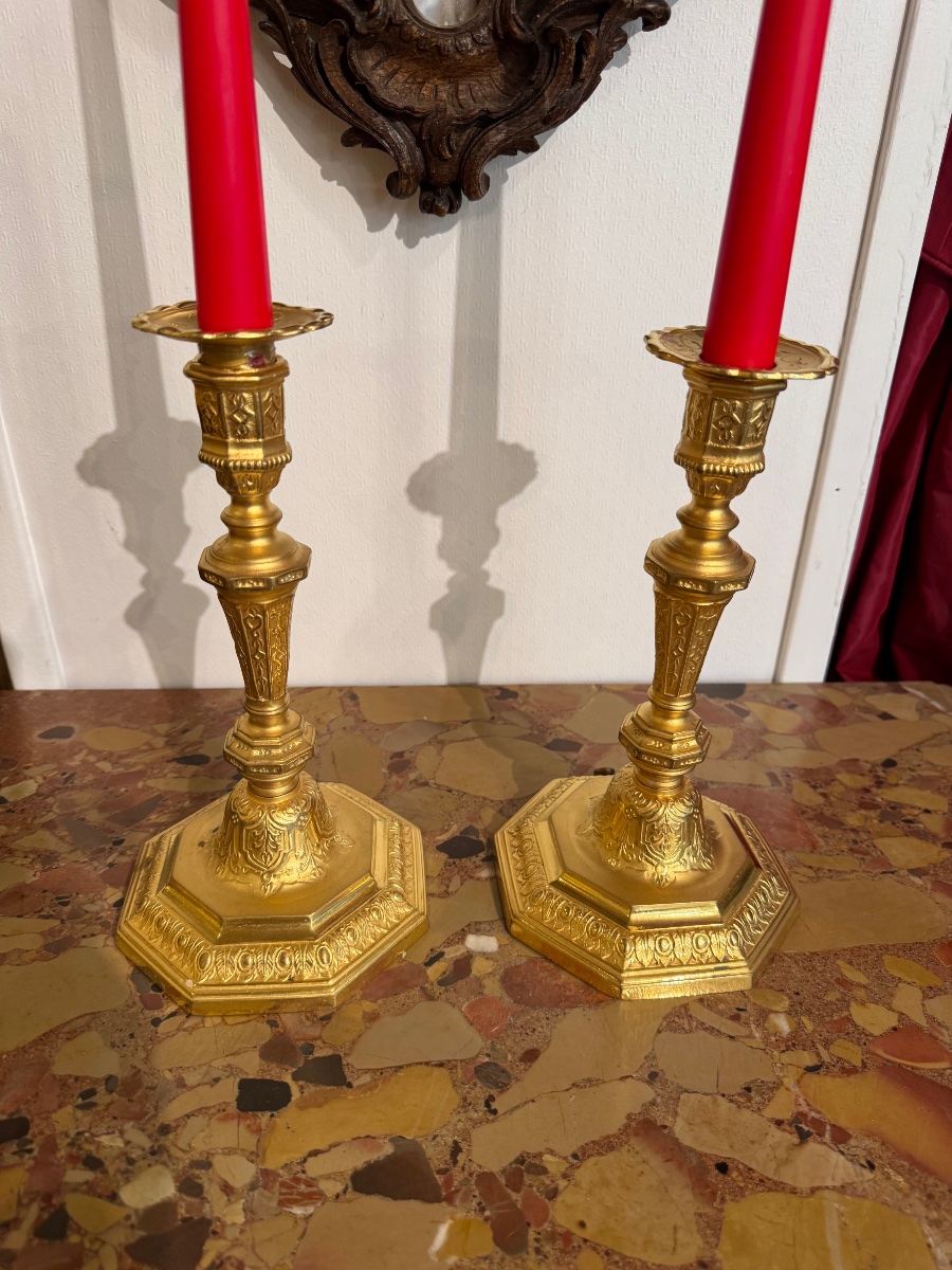 Paire de flambeaux  en bronze doré au mercure époque Louis XIV -photo-2