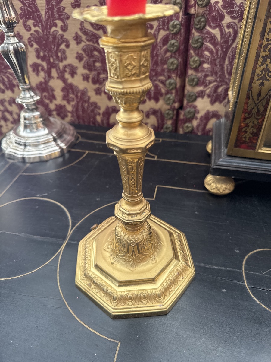 Paire de flambeaux  en bronze doré au mercure époque Louis XIV -photo-3