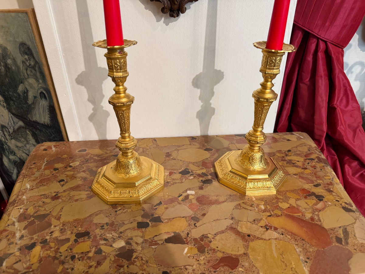 Paire de flambeaux  en bronze doré au mercure époque Louis XIV 