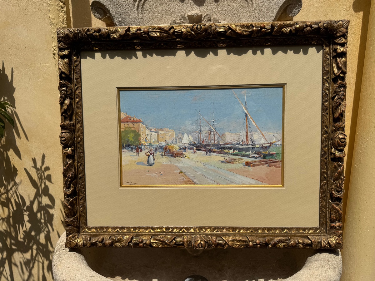 Gouache  du port de Marseille par Eugène galien laloue-photo-3