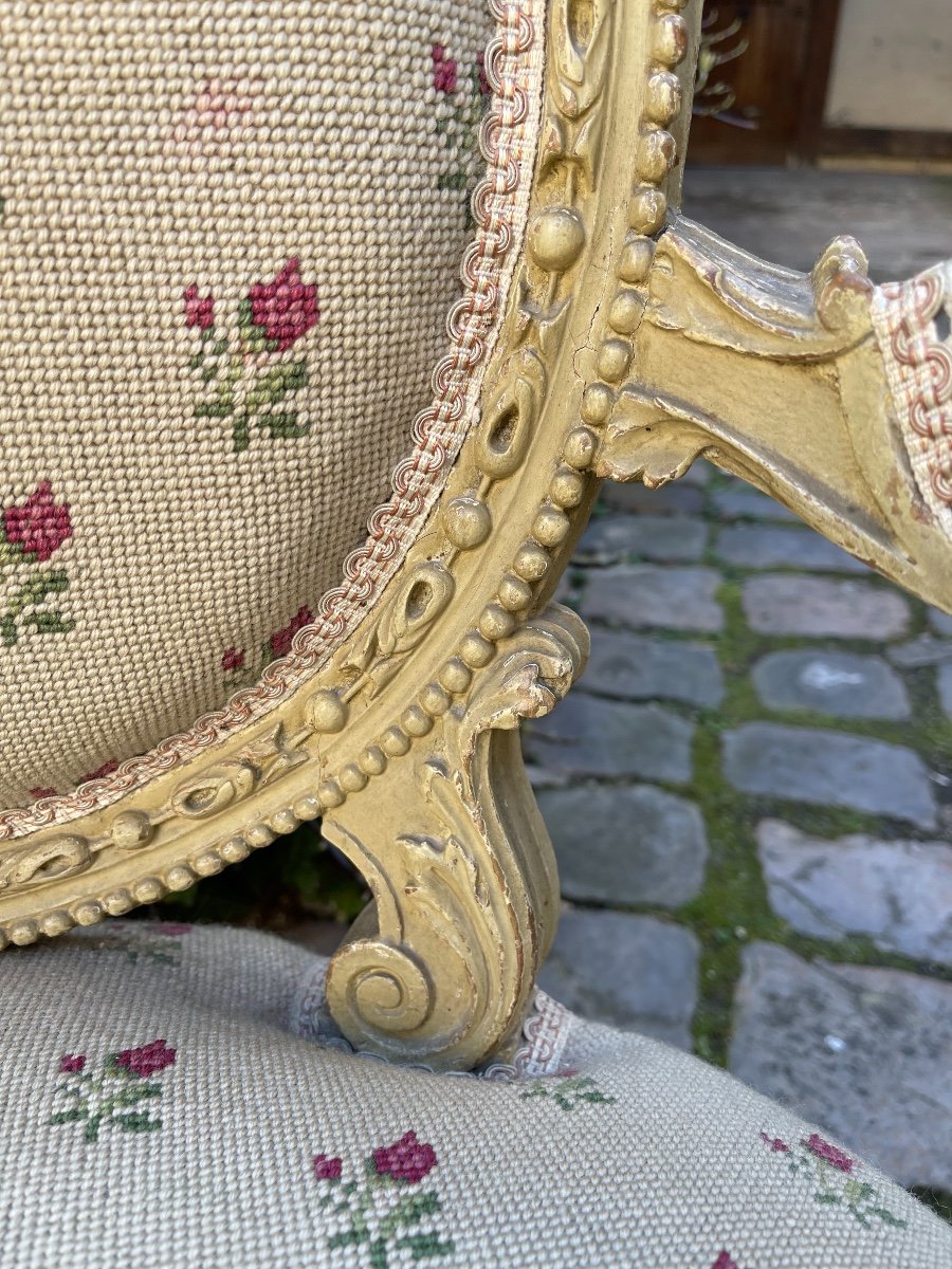 Paire fauteuils ép . Louis 16 fresne patine gris vert -photo-3