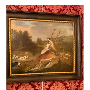 Huile sur toile ( cerf attaqué par des chiens ) époque 18 e