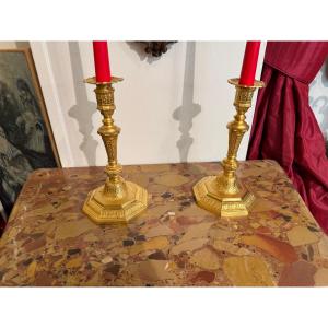 Paire de flambeaux en bronze doré au mercure époque Louis XIV